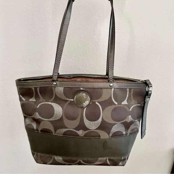 Coach East west signature logo metallic stripe tote - Picture 1 of 7
